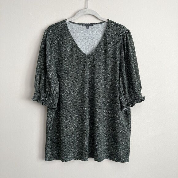 ADRIANNA PAPELL Womens Green White Blouse Size XL Short Smocked Sleeve V Neck - Picture 1 of 11